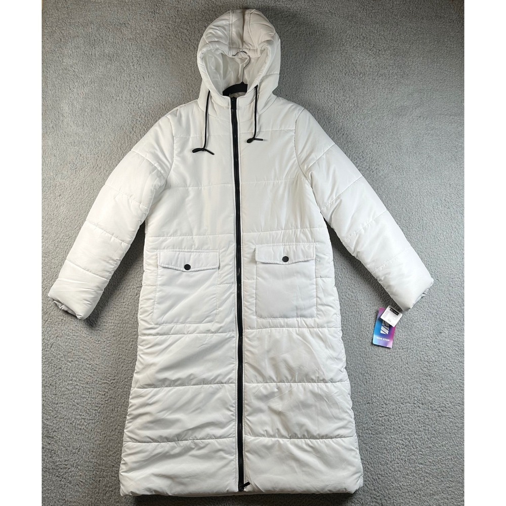 NWT Non Stop Womens L White Longline Puffer Coat Hooded Quilted Jacket Large